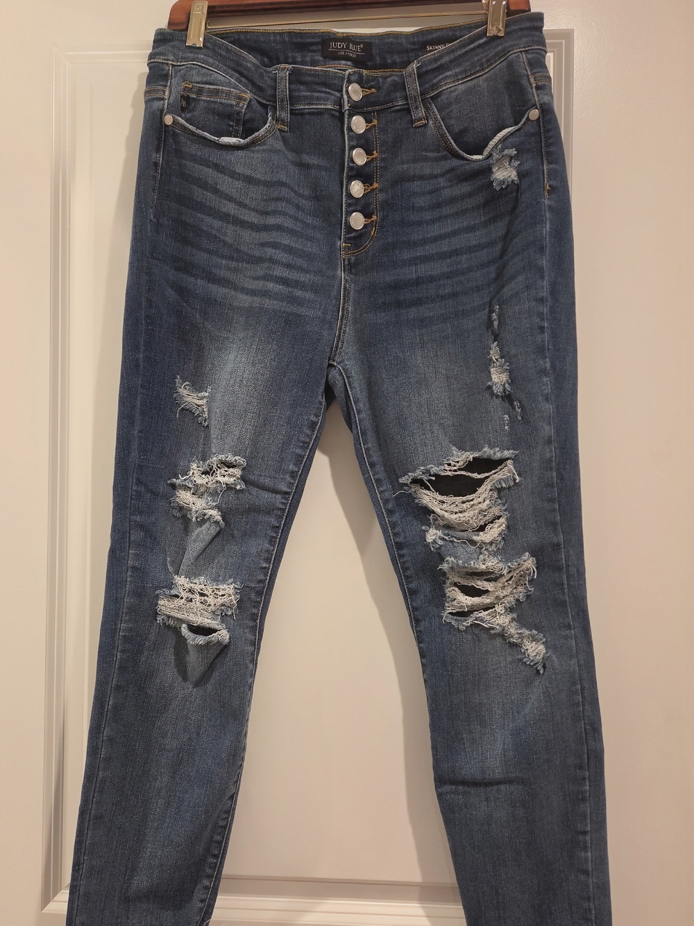 Judy Blue Women's Distressed Button-Fly Skinny Jeans - Medium Blue Wash